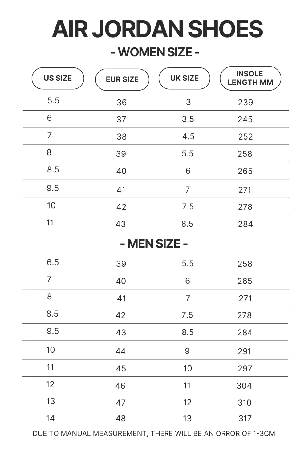 Air Jordan Shoes Size Chart - Chainsaw Man UK Shop