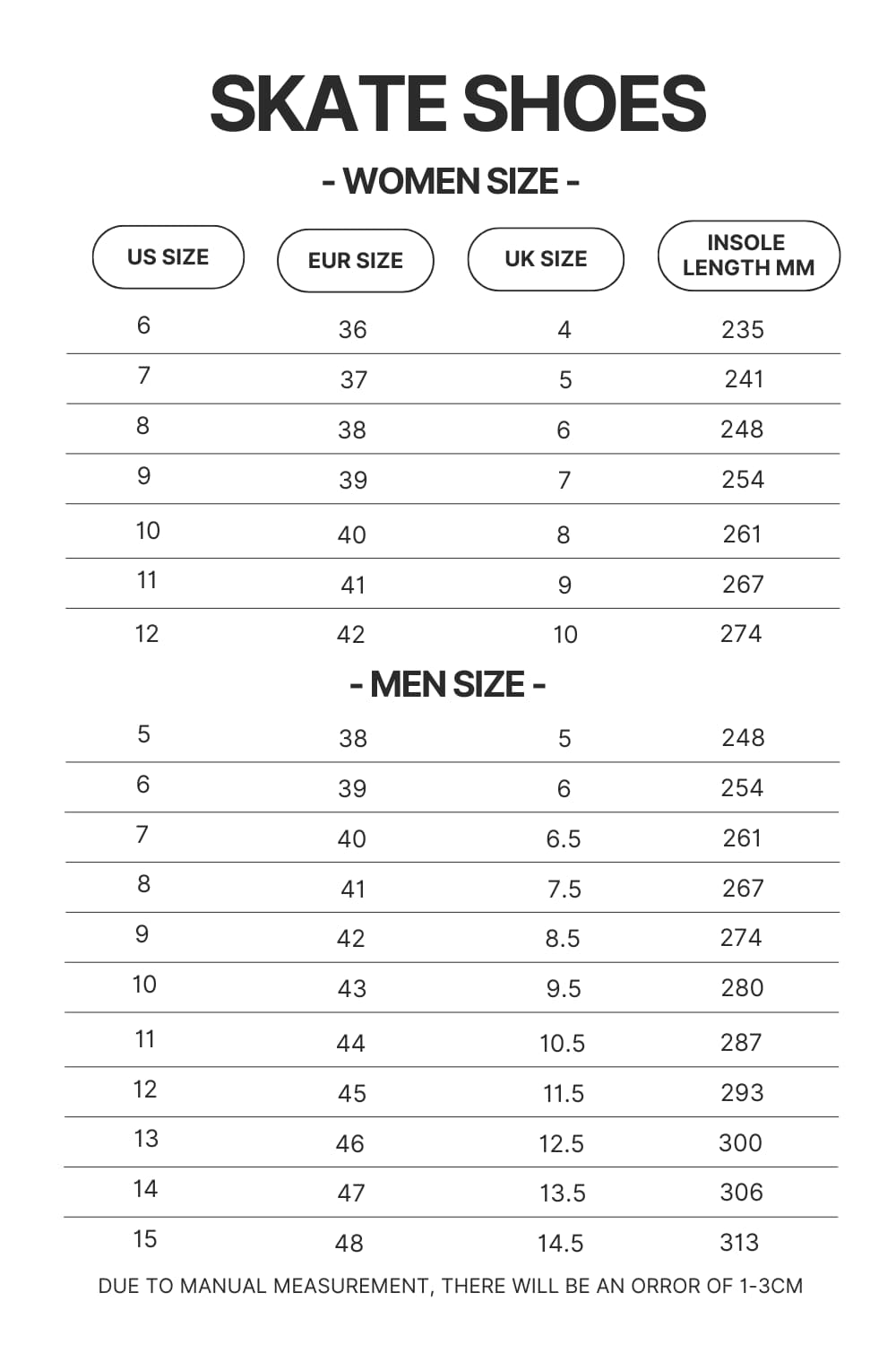 Skate Shoes Size Chart - Chainsaw Man UK Shop