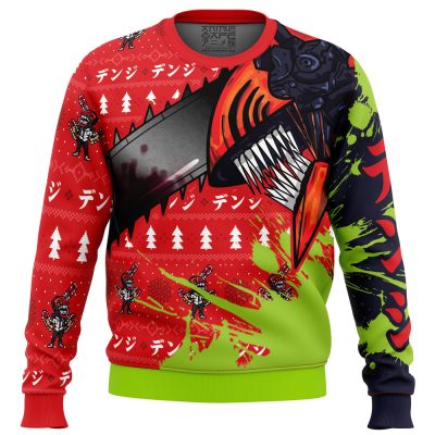 Hybrid Form Denji CM Ugly Christmas Sweater FRONT mockup - Chainsaw Man UK Shop