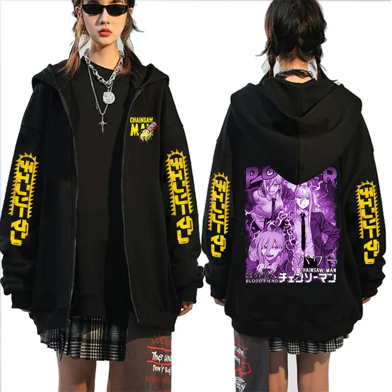 Japanese Popular Manga Chainsaw Man Print Zipper Hoodie Anime Pattern Trend Street Harajuku Unsex Sweatshirt Black 15 - Chainsaw Man UK Shop