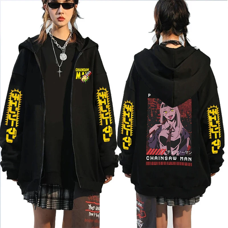 Japanese Popular Manga Chainsaw Man Print Zipper Hoodie Anime Pattern Trend Street Harajuku Unsex Sweatshirt Black 17 - Chainsaw Man UK Shop