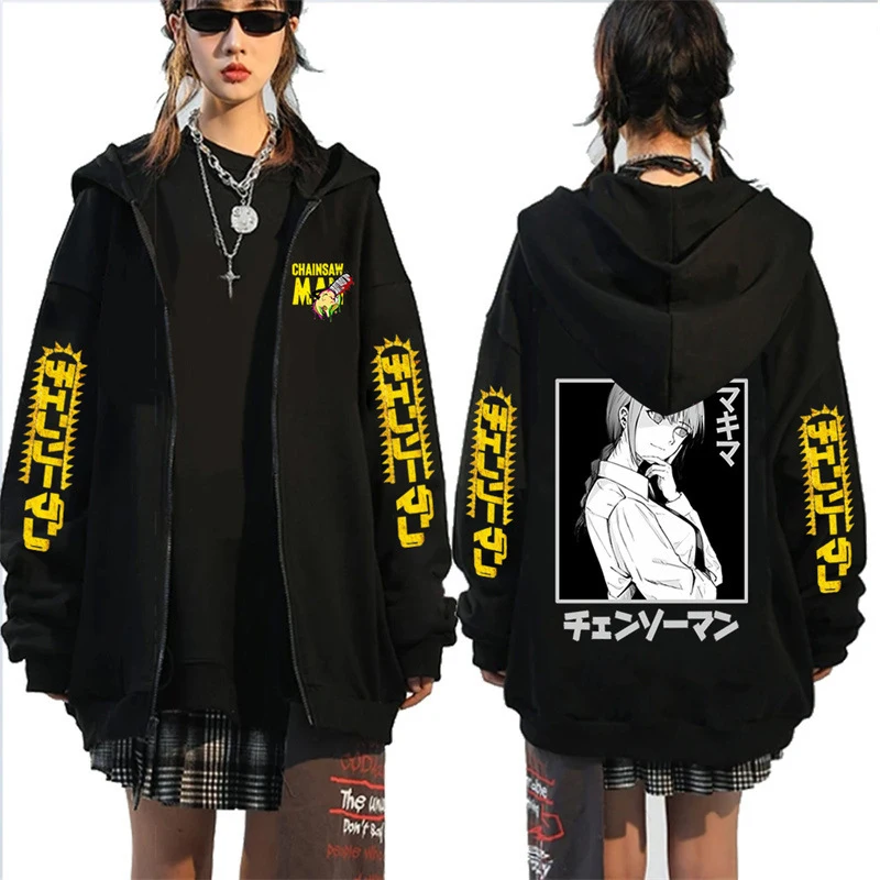 Japanese Popular Manga Chainsaw Man Print Zipper Hoodie Anime Pattern Trend Street Harajuku Unsex Sweatshirt Black 19 - Chainsaw Man UK Shop