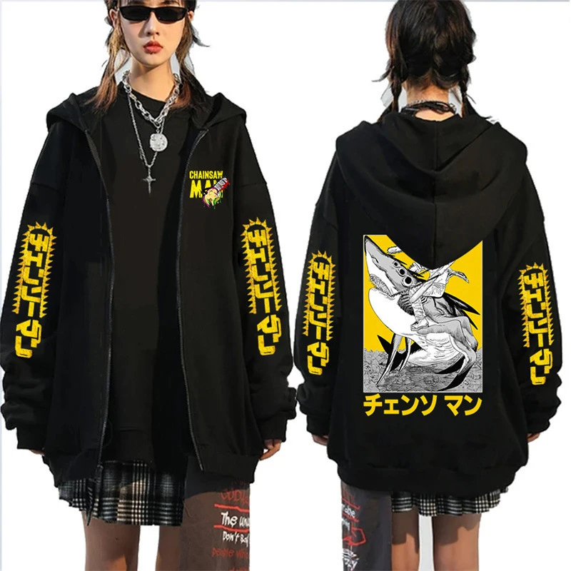 Japanese Popular Manga Chainsaw Man Print Zipper Hoodie Anime Pattern Trend Street Harajuku Unsex Sweatshirt Black 21 - Chainsaw Man UK Shop